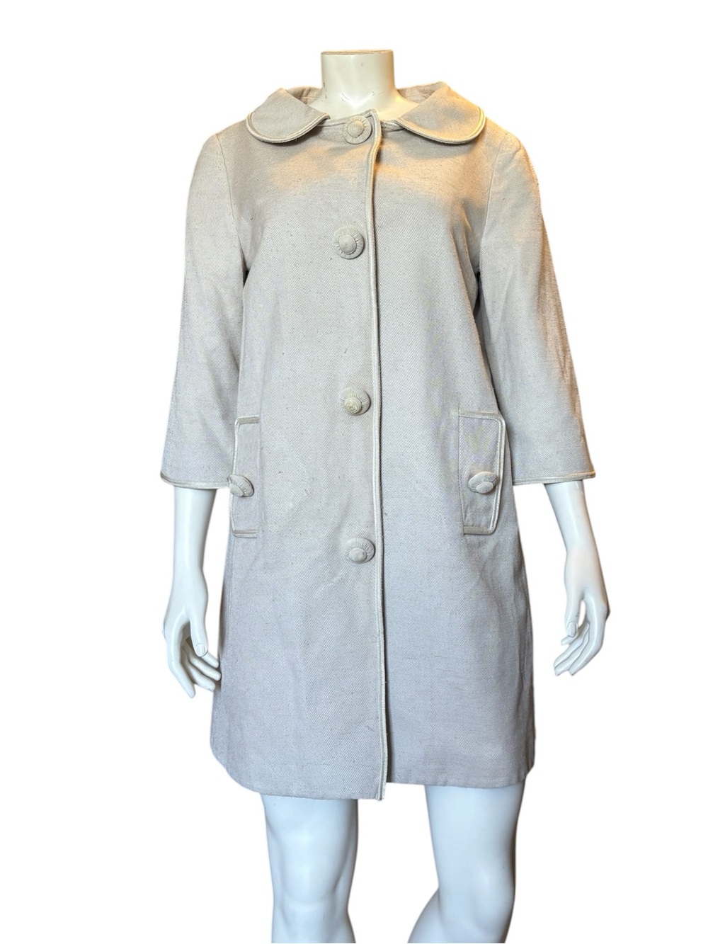 Vintage Andrew GN 100% Silk Champagne Ivory Peter Pan Collar Coat Size 40/ Small